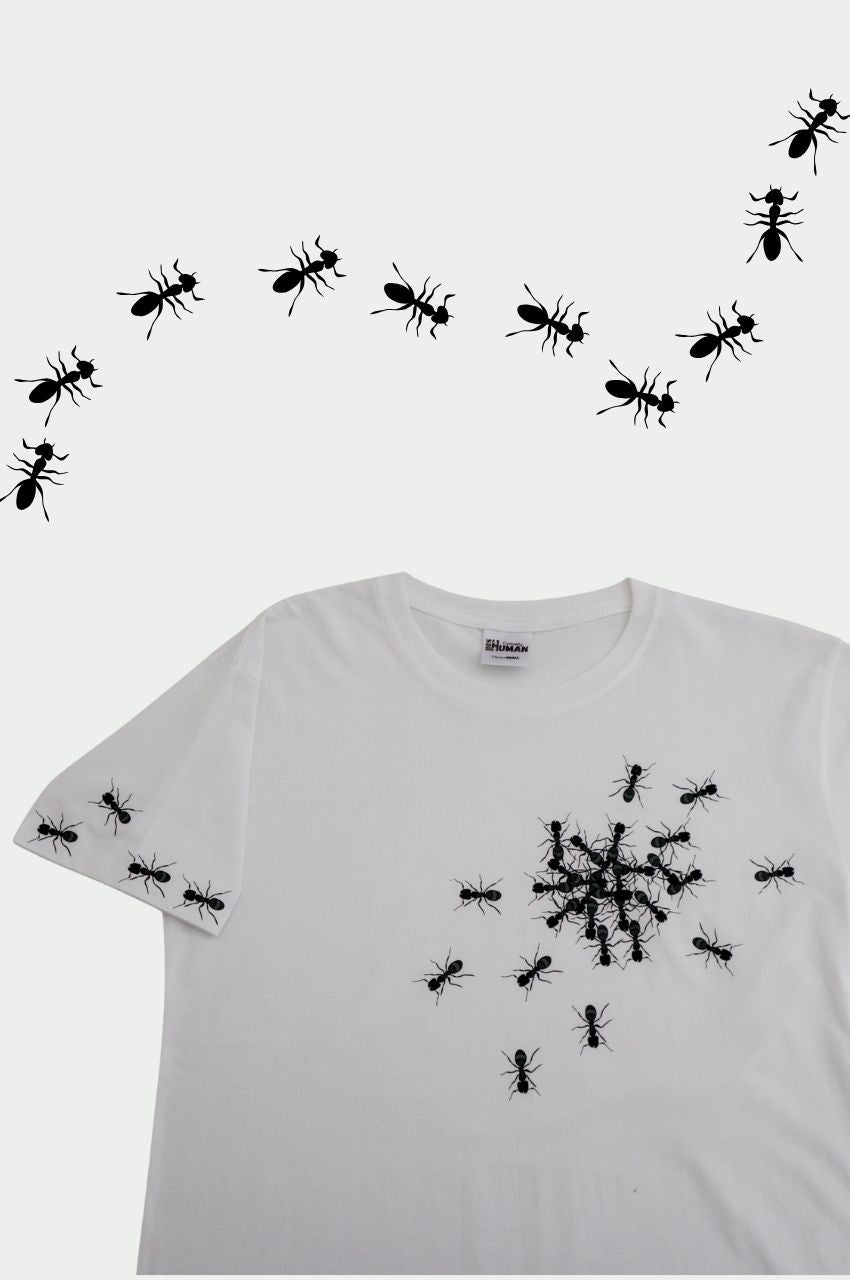 Close up of white t-shirt with black ants forming snowflake design unique graphic shirt South Africa