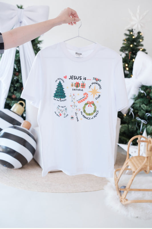 White Christmas graphic t-shirt with Jesus design, 100% cotton Christian tee in festive setting South Africa