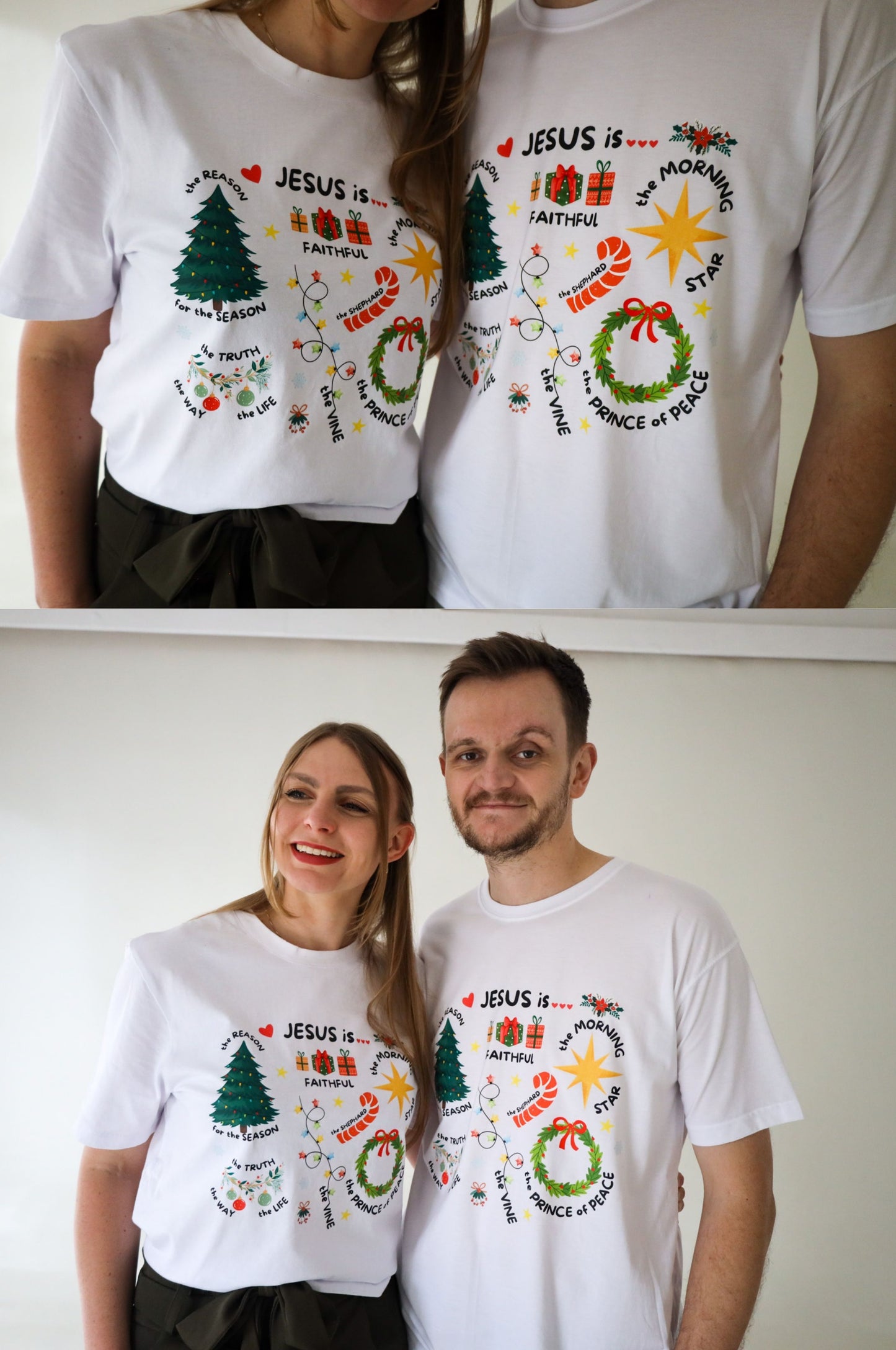 Couple wearing matching Christmas t-shirts with Jesus design, 100% cotton Christian graphic tees South Africa