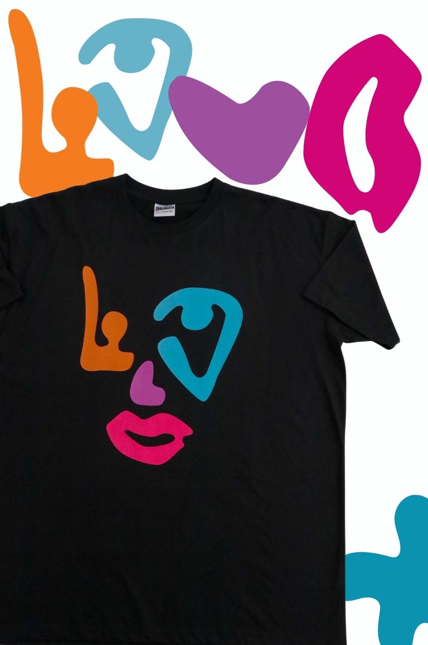 Black t-shirt with bold colorful abstract face illustration contemporary graphic tee South Africa