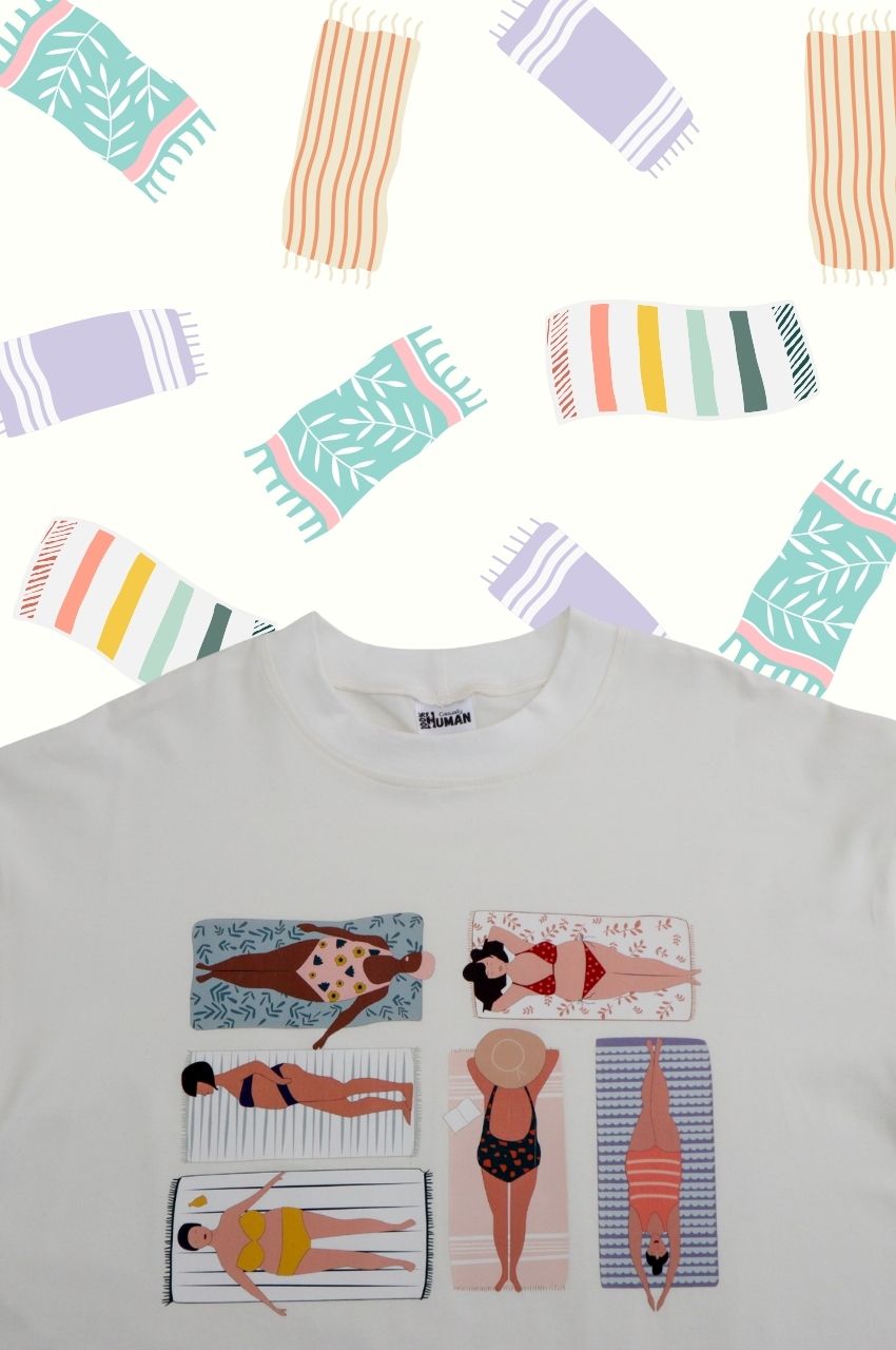 White t-shirt with illustrated beach body designs different body types inclusive fashion South Africa