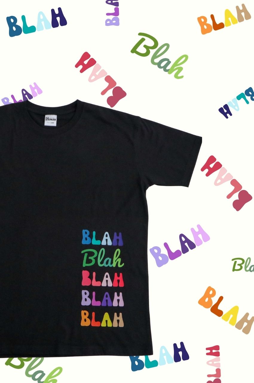 Black t-shirt with colorful Blah typography design minimal playful graphic tee South Africa