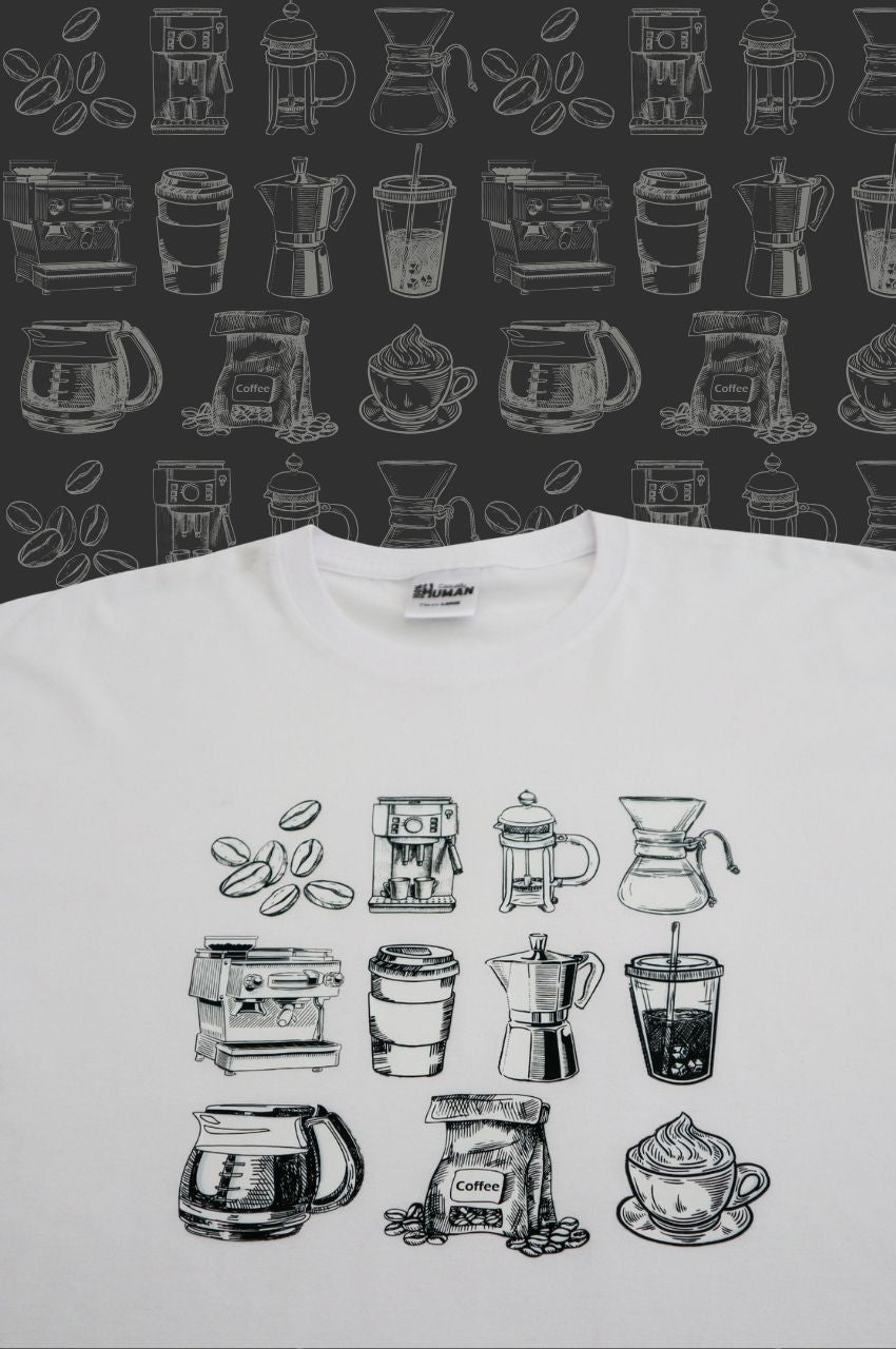 White t-shirt with coffee brewing methods illustration espresso french press moka pot design South Africa