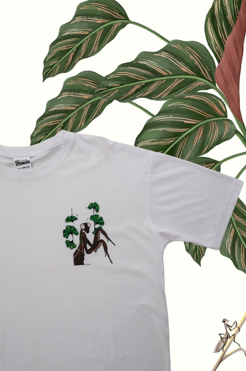 White t-shirt with small tree and human illustration minimal eco friendly design South Africa