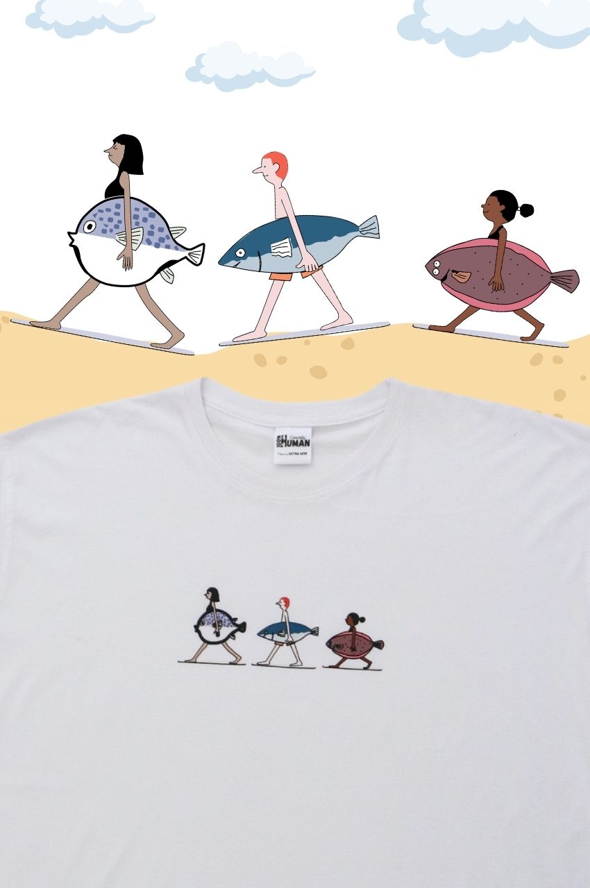 White t-shirt with illustrated fish characters walking beach graphic playful design