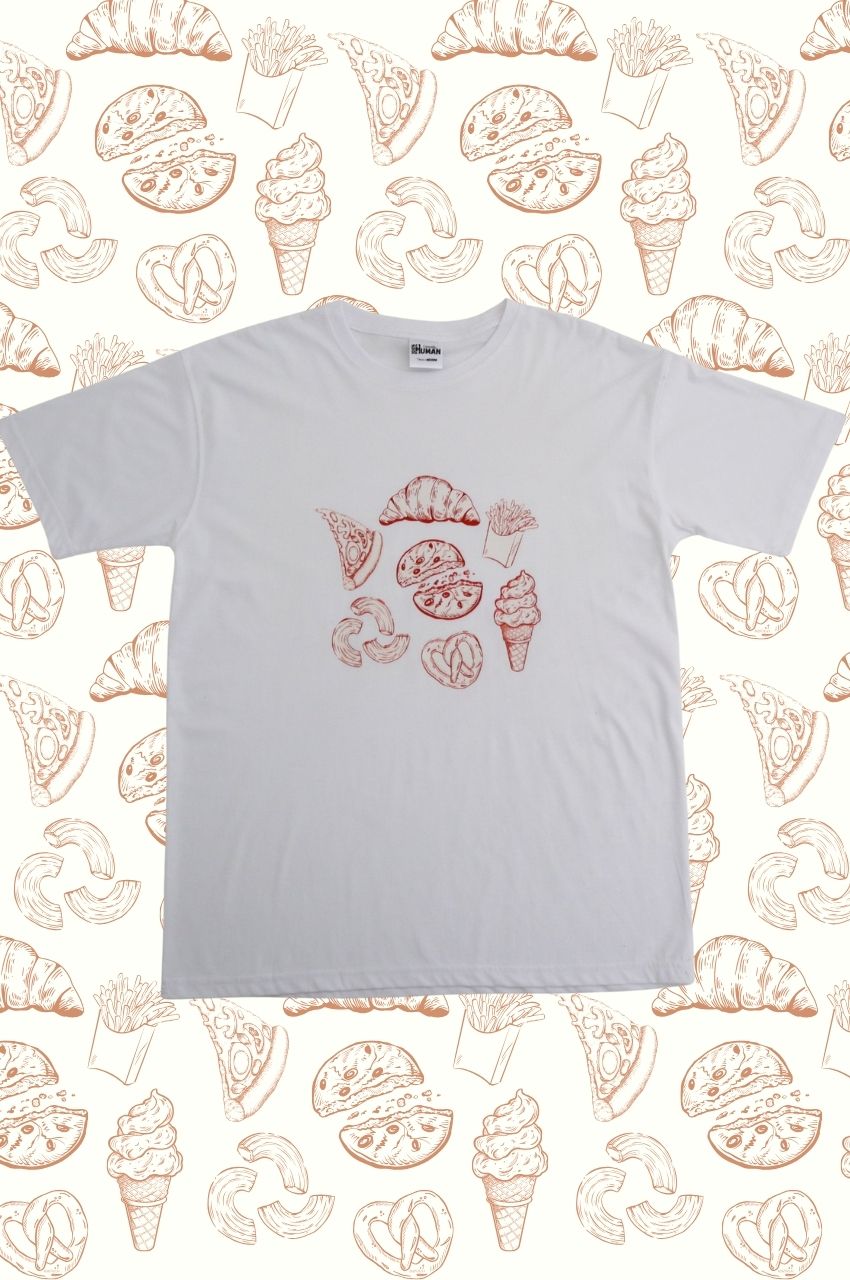 White t-shirt with minimal food sketch illustrations pizza croissant ice cream design