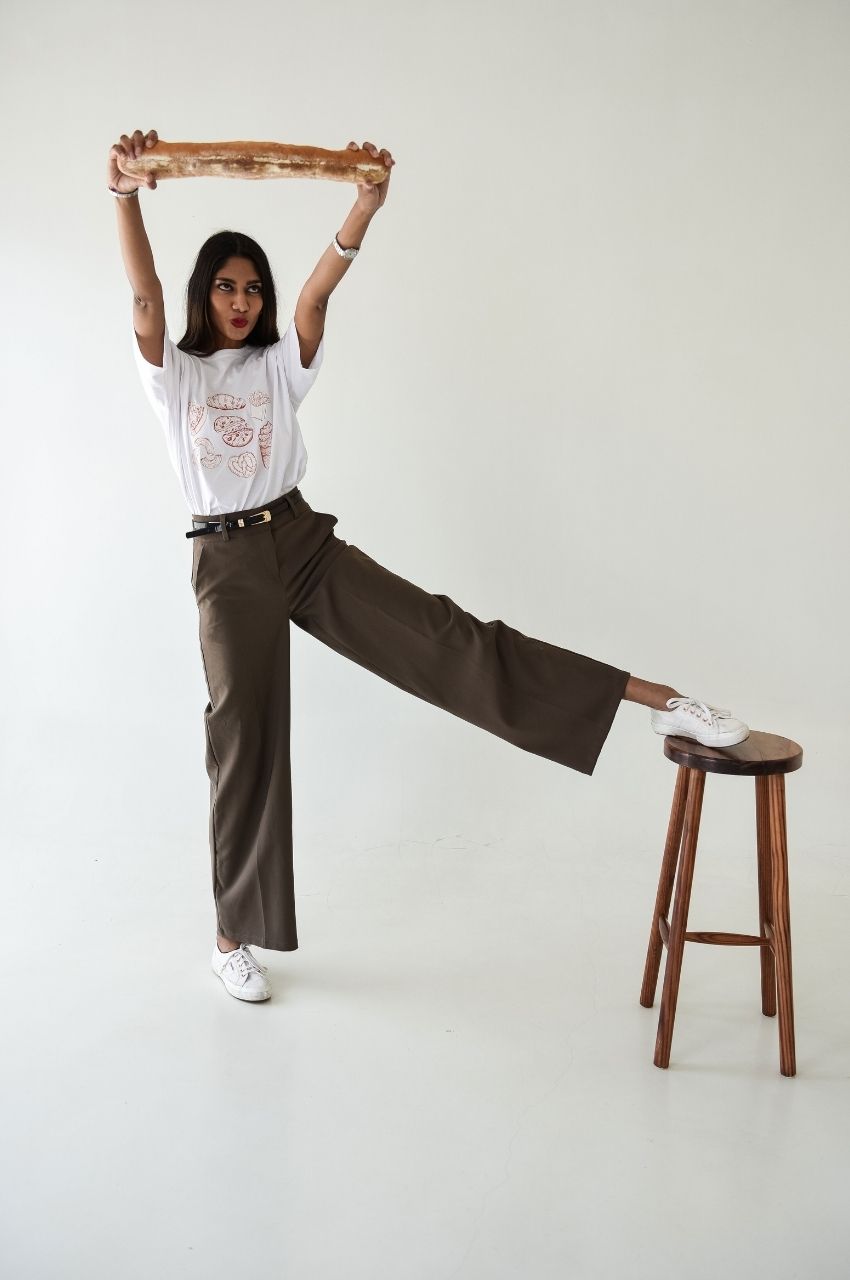 Playful styling of white t-shirt with food illustrations trendy casual outfit South Africa