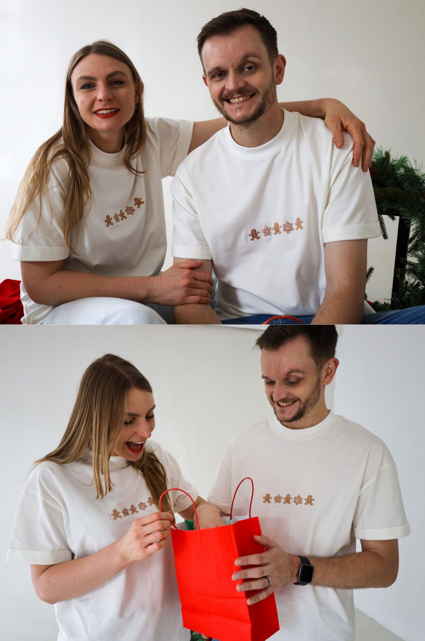 Couple wearing matching minimalist Christmas t-shirts with gingerbread embroidery design South Africa