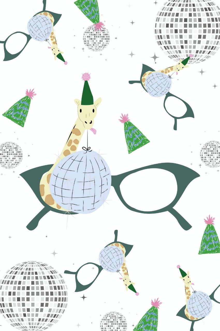 Seamless pattern of giraffe with disco ball party hats and sunglasses playful design