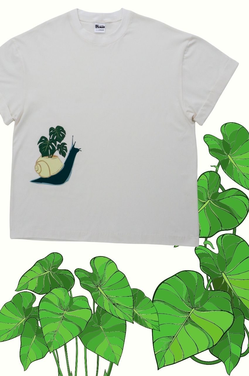 White t-shirt with snail and green leaf design minimalist aesthetic clothing South Africa