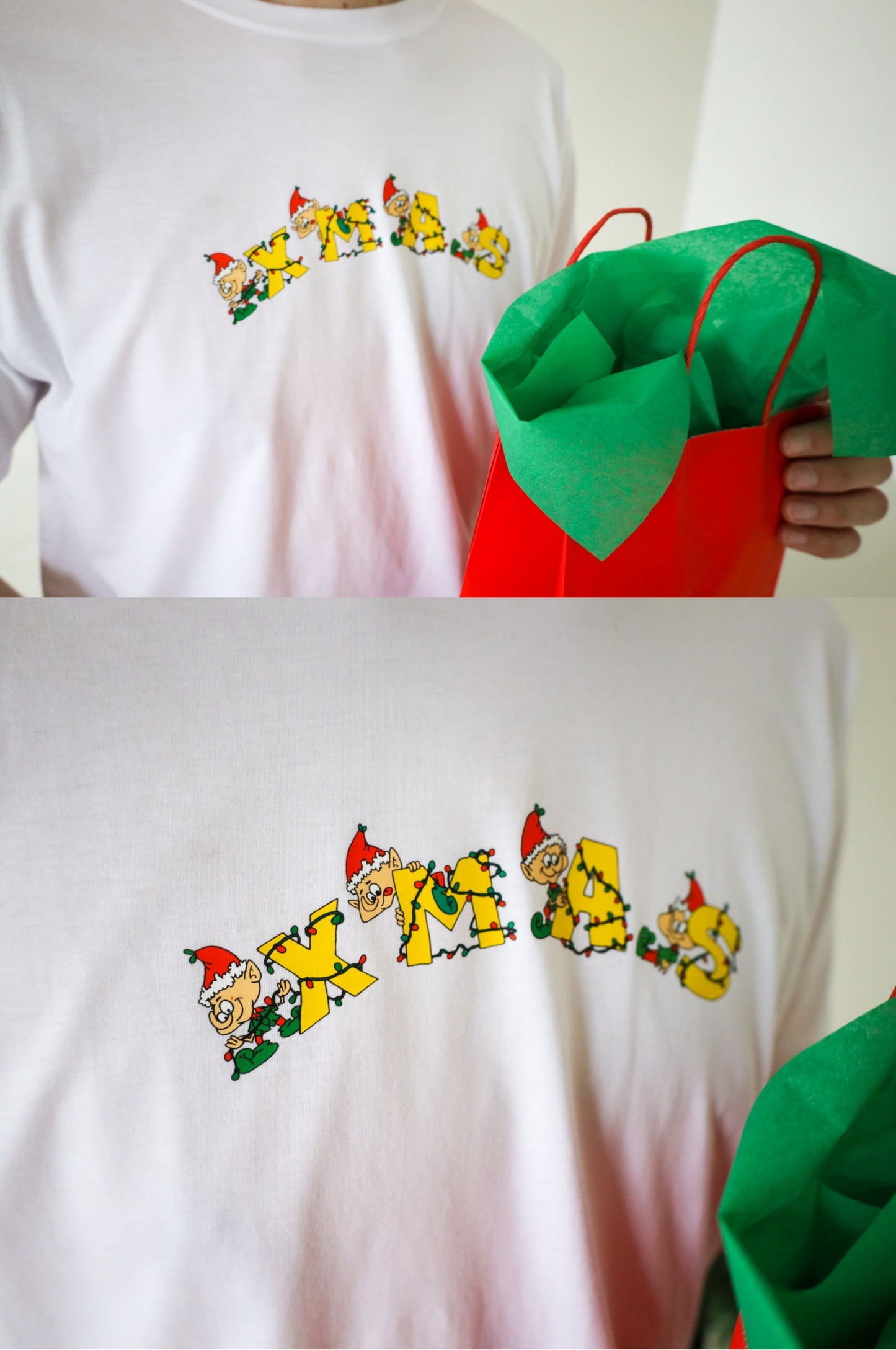 Detailed view of colourful XMAS elf print on white Christmas t-shirt festive design South Africa