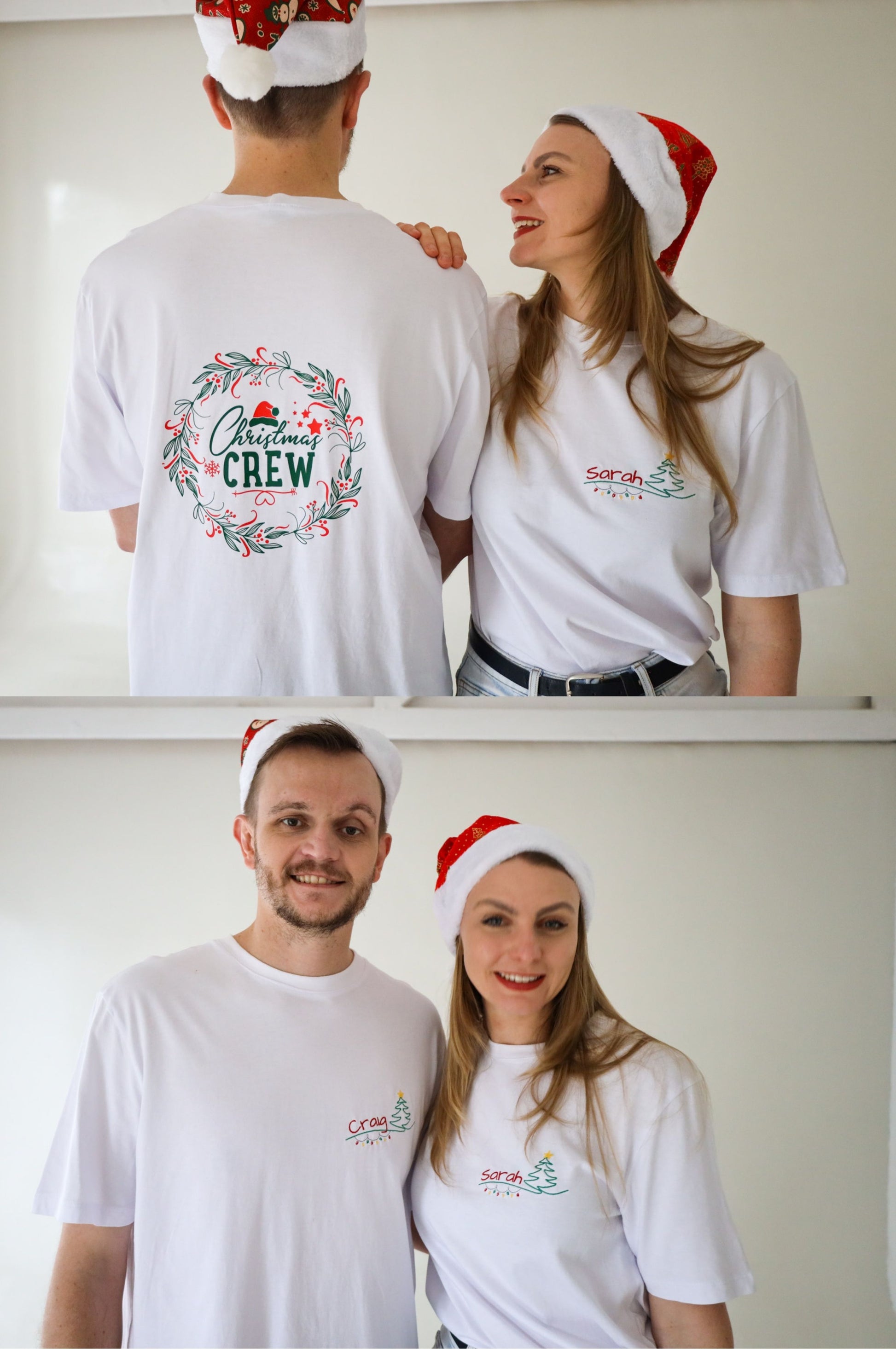 Couple wearing matching Christmas crew t-shirts with personalised names and festive design South Africa