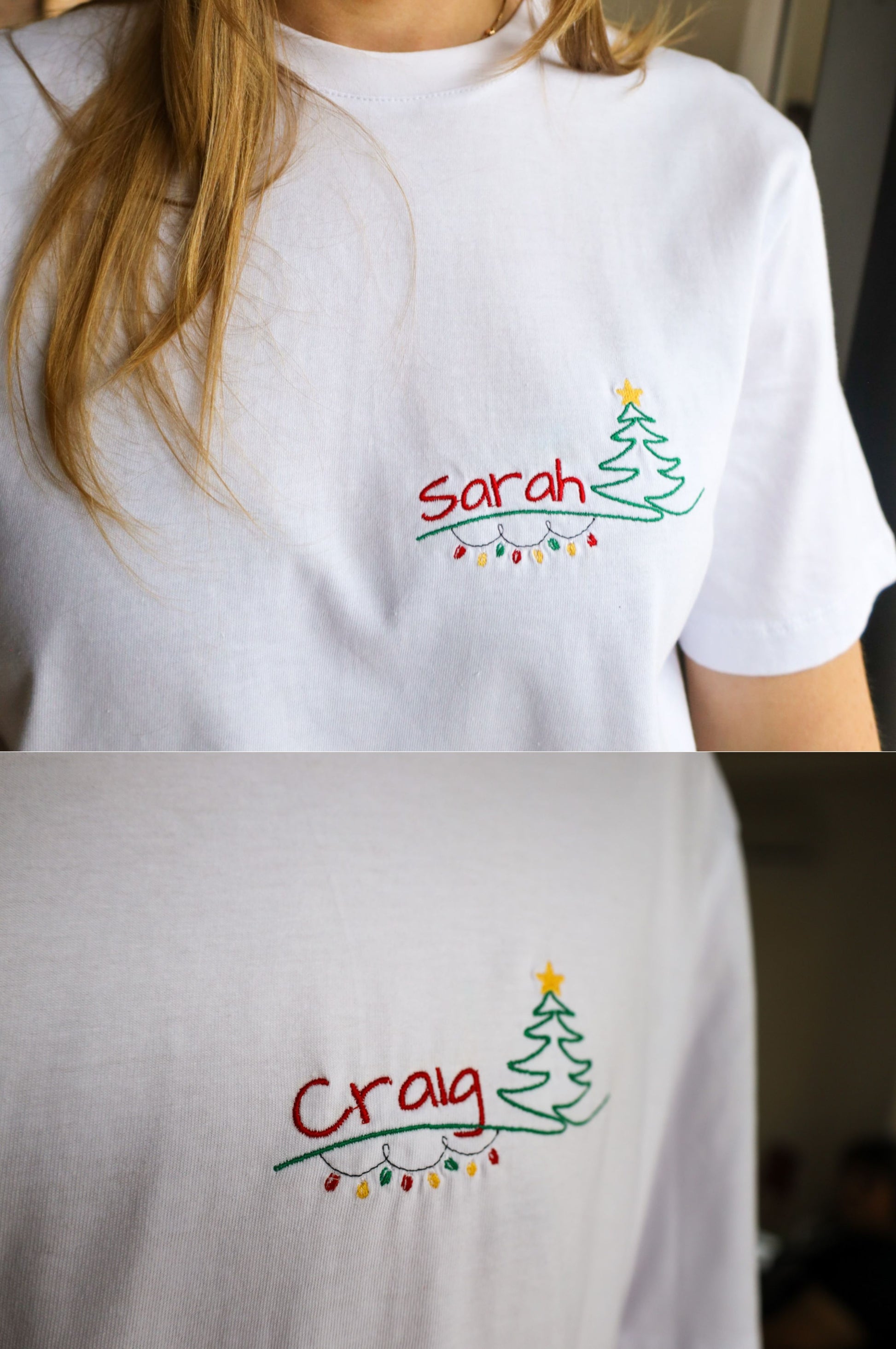 Close-up of personalised name embroidery on Christmas t-shirt with tree and lights design South Africa