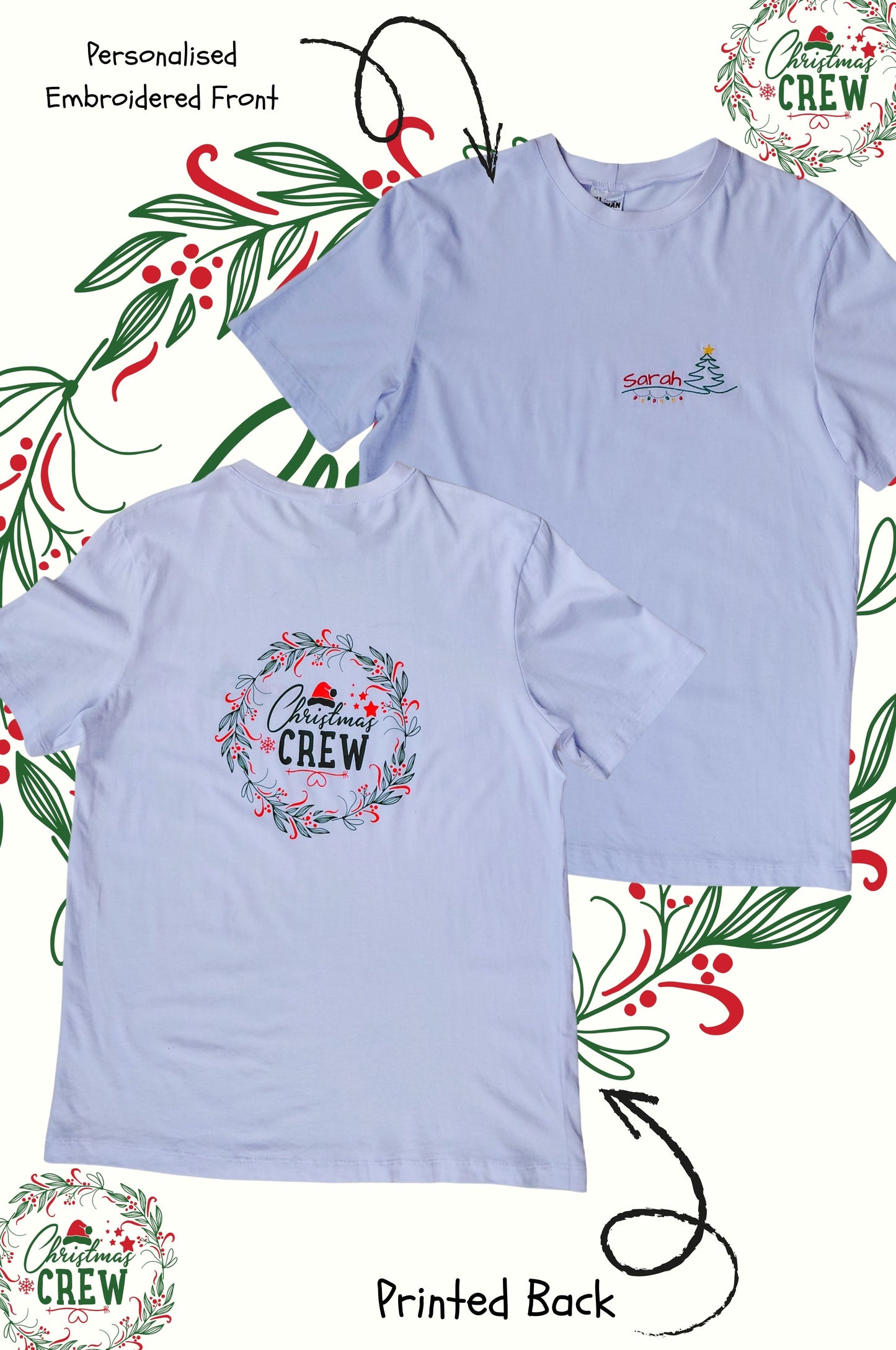 Personalised Christmas crew t-shirt showing embroidered front and printed back design, 100% cotton South Africa