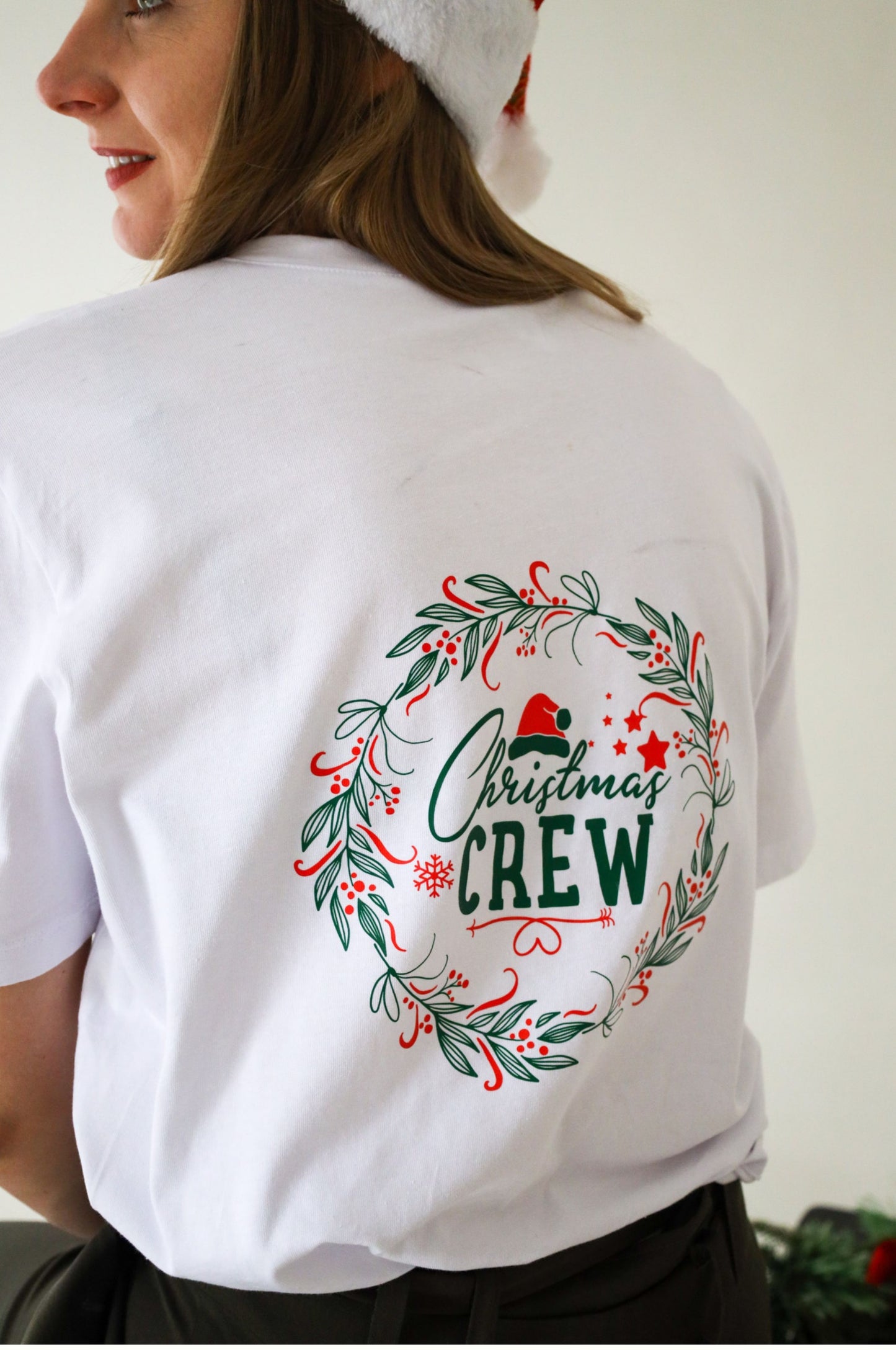White Christmas crew t-shirt with festive wreath back print design, 100% cotton South Africa
